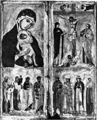 Ni{ i Vizantija IX 315 Сл. 12 Мајстор диптиха из Санкт- Петербурга, Богородица са дететом, Распеће Христово и светитељи, Музеј Ермитаж, Ст-Петербург, трећа деценија XIV века Fig.
