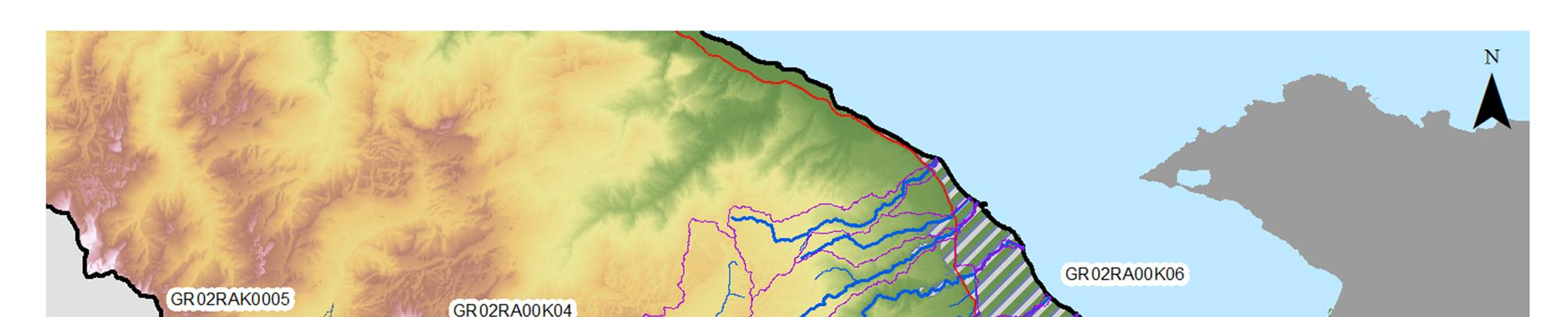 Σχήμα 4.6: Υδατορεύματα και λεκάνες απορροής της ΖΔΥΚΠ «Χαμηλή ζώνη ρεμάτων παραλίας Β.