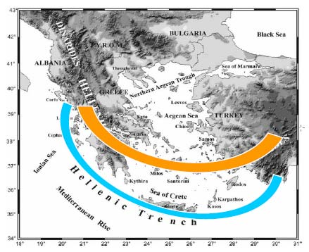 καθορισμένα. Από την άλλη, η Αφρικανική πλάκα βυθίζεται κάτω από την Αιγαιική κατά μήκος του τόξου των Ελληνίδων οροσειρών (Εικ.