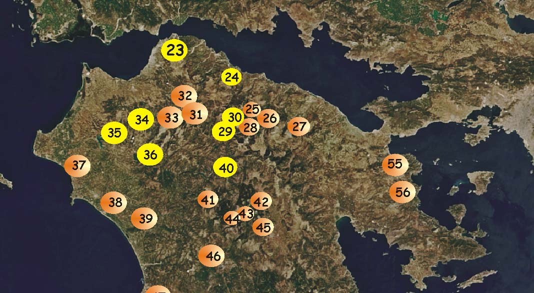 Εικόνα Β-1: Οι περιοχές δειγματοληψίας των πληθυσμών που αναλύθηκαν στην παρούσα μελέτη. Οι κίτρινοι κύκλοι αντιστοιχούν στους πληθυσμούς των Parmakelis et al.