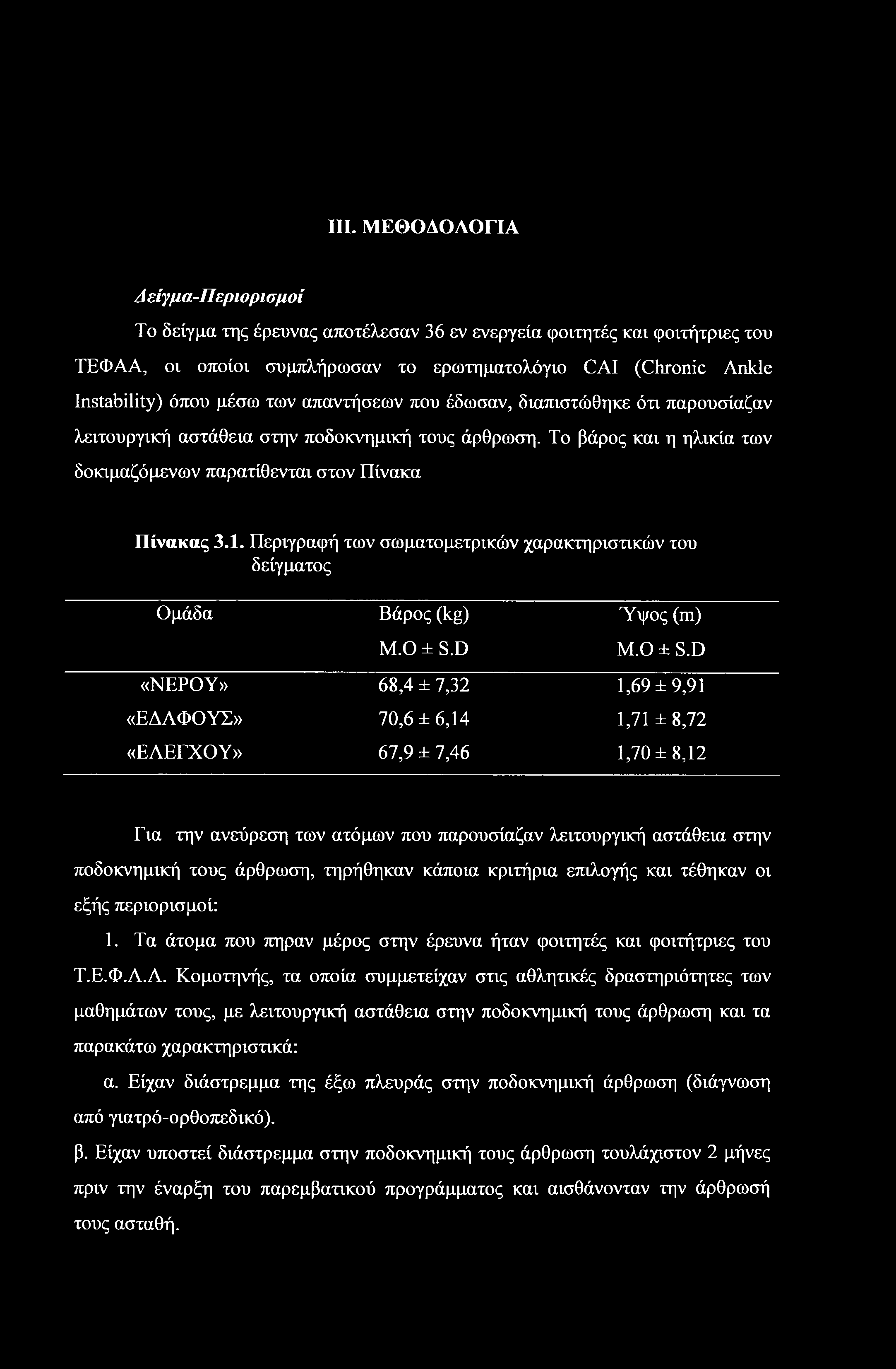 Περιγραφή των σωματομετρικών χαρακτηριστικών του δείγματος Ομάδα Βάρος (kg) M.O±S.D Ύψος (m) Μ.Ο ± S.