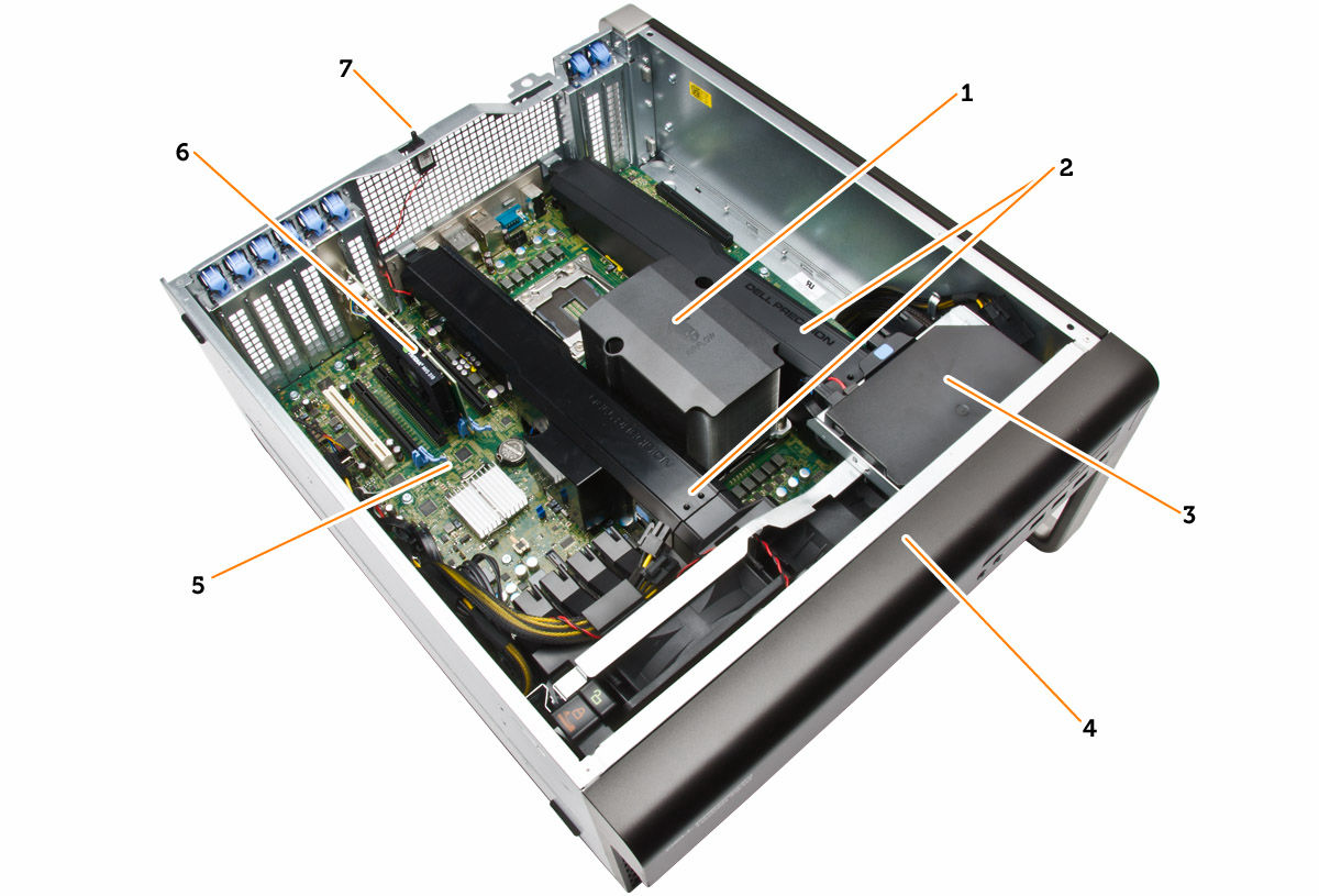 Αριθμός 2. Εσωτερική όψη του υπολογιστή T7910 1. ψύκτρα επεξεργαστή με ενσωματωμένο ανεμιστήρα 2.