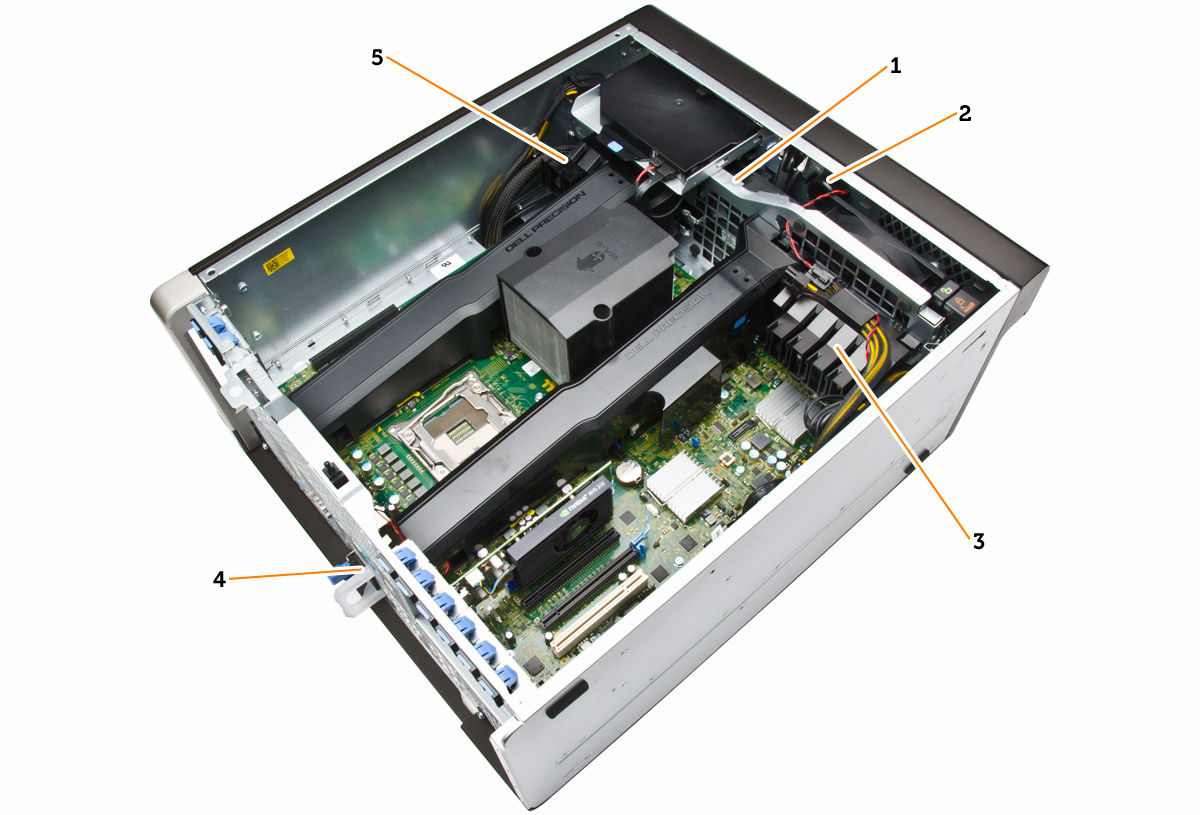 Αριθμός 3. Εσωτερική όψη του υπολογιστή T7910 1. ανεμιστήρες συστήματος 2. ηχείο 3. θήκη συγκράτησης καρτών PCIe 4. μονάδα τροφοδοτικού 5.