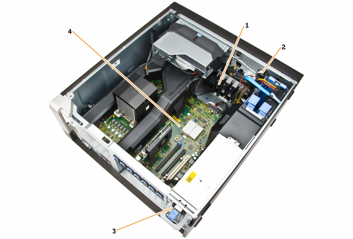 Αριθμός 3. Εσωτερική όψη του υπολογιστή T5810 1. θήκη συγκράτησης καρτών PCIe 2. εσωτερικό ηχείο 3. μονάδα τροφοδοτικού 4.