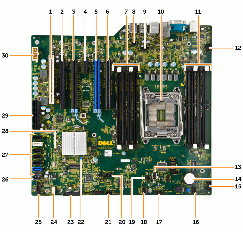1. υποδοχή PCI (υποδοχή 6) 2. υποδοχή PCIe x16 (PCIe 2.0 συρματωμένη ως x4) (υποδοχή 5) 3. υποδοχή PCIe 3.0 x16 (υποδοχή 4) 4. υποδοχή PCIe 2.0 x1 (υποδοχή 3) 5. υποδοχή PCIe 3.0 x16 (υποδοχή 2) 6.