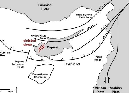 χθονων ιζηματογενών πετρωμάτων (ιζηματογενής ακολουθία Τροόδους), η οποία εκτείνεται στη λεκάνη της Μεσαορίας και νότια της οροσειράς του Τροόδους, γ) τη ζώνη Κερύνειας ή Πενταδακτύλου που καλύπτει