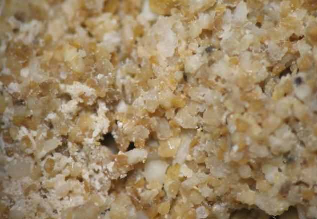 Έχει μέσο όρο μεγέθους κόκκων 0,4 mm και μέγιστο μέγεθος κόκκων 1,2 mm, ενώ ο βαθμός κρυσταλλικής τελειότητας του είναι υπιδιόμορφος.
