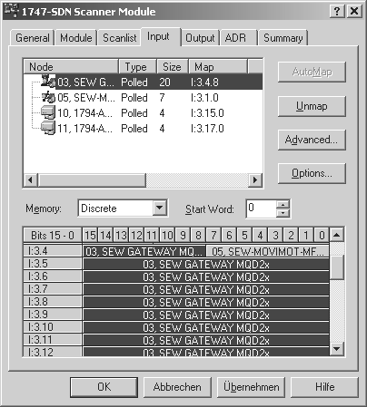 8 I 0 Έναρξη λειτουργίας µε DeviceNet Έναρξη λειτουργίας δικτύου µε το RSNetWorx ηµιουργία µεγέθους δεδοµένων διεργασίας Στις καρτέλες Input και Output θα πρέπει να καταχωρήσετε τα δεδοµένα