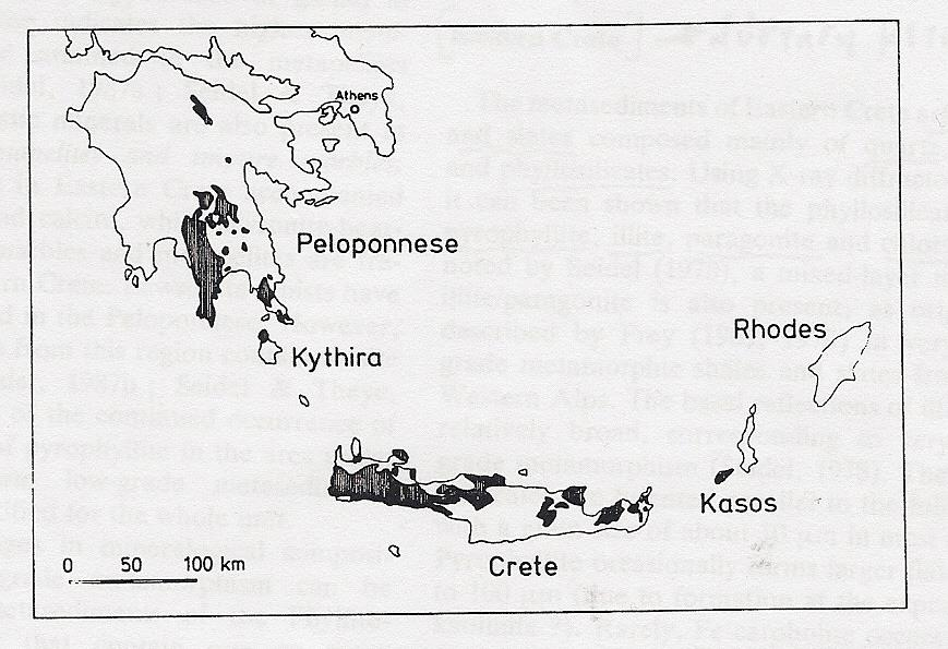 Εικ. 3. Γεωγραφική θέση της ζώνης υψηλής-πίεσης (σκιασμένες περιοχές) στις Εξωτερικές Ελληνίδες (Theye & Seidel 1991).