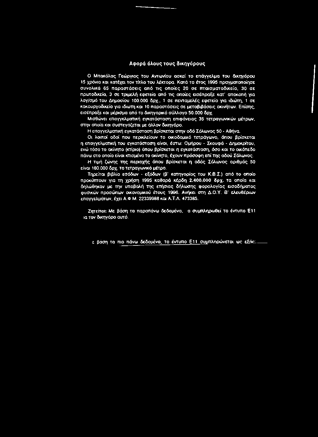 Οι λοιποί οδοί που περικλείουν το οικοδομικό τετράγωνο, όπου βρίσκεται η επαγγελματική του εγκατάσταση είναι, έστω: Ομήρου - Σκουφά - Δημοκρίτου, ενώ τόσο το ακίνητο (κπ'ριο) όπου βρίσκεται η