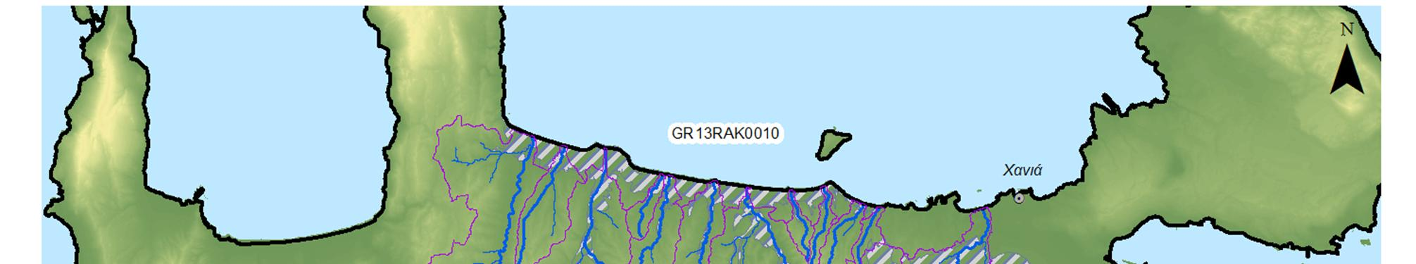 Σχήμα 4.6: Υδατορεύματα και λεκάνες απορροής της ΖΔΥΚΠ «Χαμηλή ζώνη λεκανών ρεμάτων Χανίων» GR13RAK0010 Πίνακας 4.