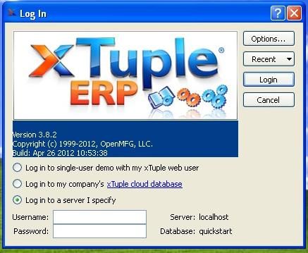 Εικόνα 5.1: Είσοδος στο λογισμικό Log in to single-user demo with my xtuple web user Κατά την επιλογή αυτή ένας εξωτερικός server τρέχει το πρόγραμμα και φιλοξενεί την βάση δεδομένων του χρήστη.