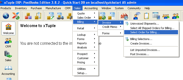 επιλέγουμε Sales > Billing > Invoice > Select