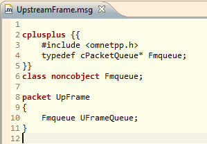 UpstreamFrame.msg Περιλαμβάνει την κλάση του upstream πλαισίου που χρησιμοποιείται στο δίκτυο. Σ αυτή ορίζεται η ουρά που υλοποιείται μέσα στο πλαίσιο (Εικόνα 39). Εικόνα 39:Το αρχείο UpstreamFrame.