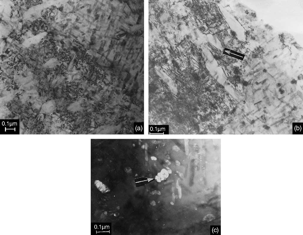 Εικόνα 3.12: Εικόνες από ΤΕΜ σε δοκίμια που έχουν υποστεί γήρανση στους 640 C για 8h:(a) Widmanstatten ωστενίτης, (b) ανακρυσταλλωμένος και (c) σφαιροειδής ωστενίτης[3] 3.
