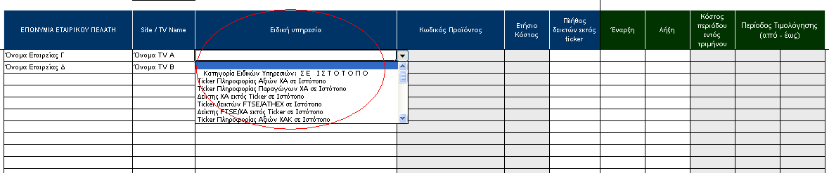 2 Ο ΒΗΜΑ: Έπειτα, επιλέξτε την κατηγορία Ειδικών Υπηρεσιών (TV Ticker ή Δείκτες εκτός TV Ticker) που χρησιμοποιήθηκε από τον Εταιρικό πελάτη.