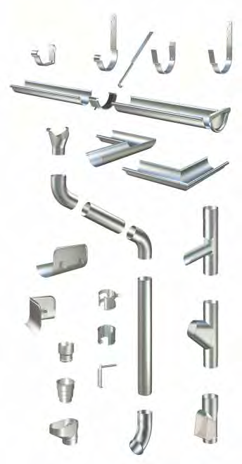 Manual montaj sisteme de drenaj pluvial Componentele sistemului Componente principale 1. Carlig presat aplicat 2. Carlig presat 3. Tirant 4. Carlig scurt cu agrafe 5. Carlig lung cu agrafe 6.
