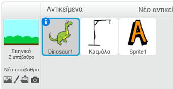 Μέχρι τώρα έχεις δημιουργήσει 3 αντικείμενα (Dinosaur1, Κρεμάλα, Sprite1).
