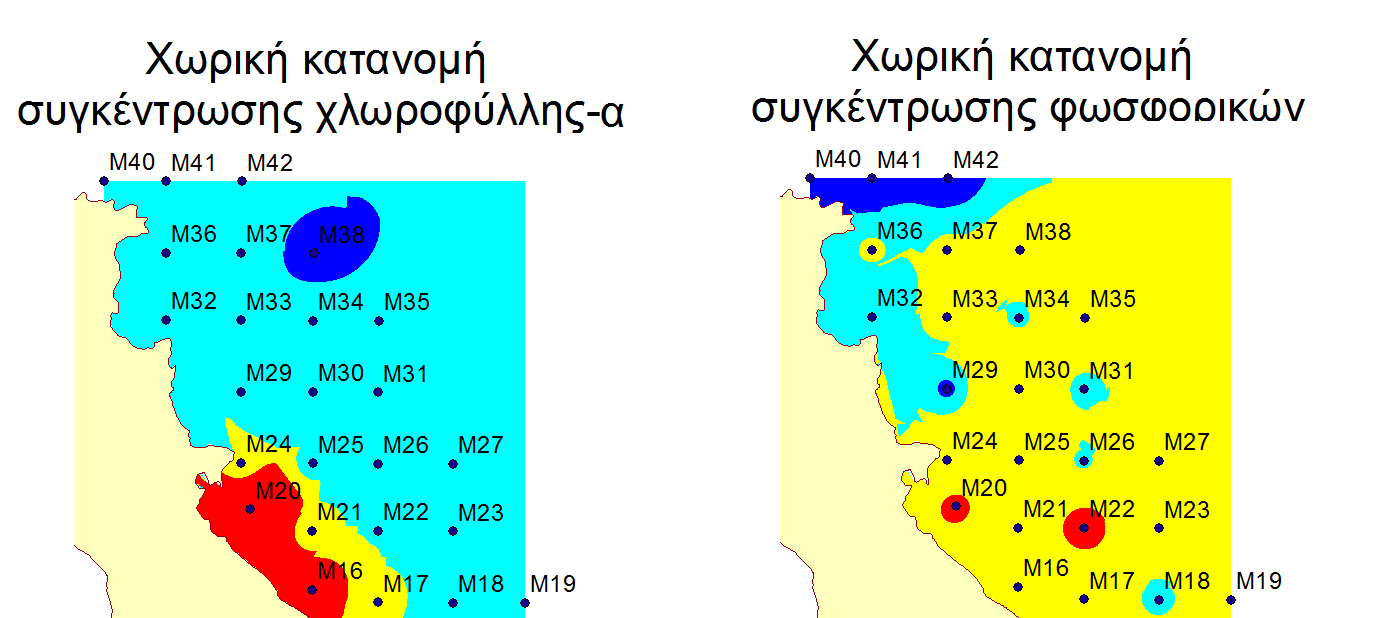 Χωρικές κατανοµές των παραµέτρων Στα δεδοµένα χλωροφύλλης-a, φωσφορικών και