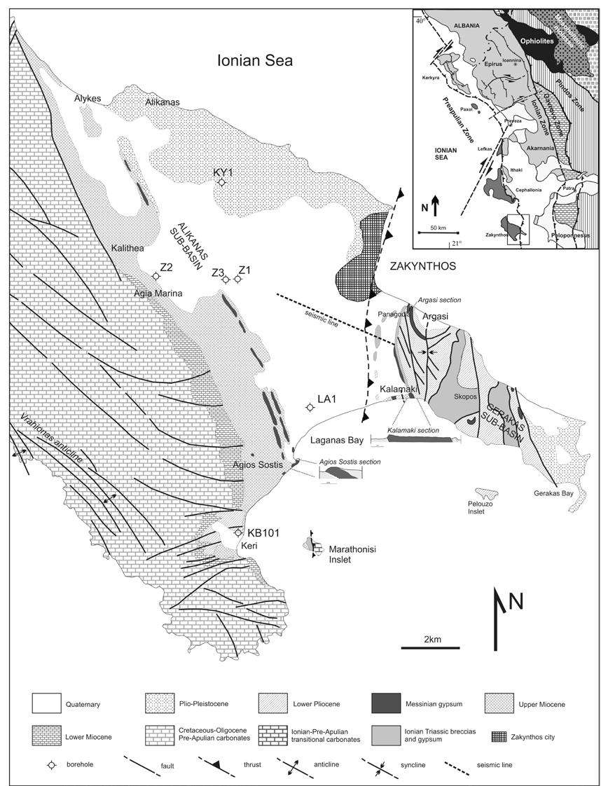 μαργών και μαργαϊκών ασβεστόλιθων (Dermitzakis, 1977; Nikolaou, 1986). Σχήμα 1. Γεωλογικός χάρτης της ανατολικής Ζακύνθου (Karakitsios et al., 2013) 1.