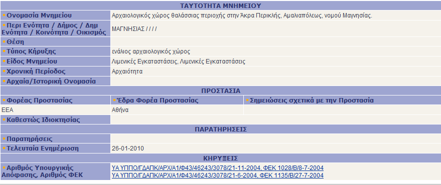 ΚΕΦΑΛΑΙΟ 2 Περιγραφική Πληροφορία Χρονική Περίοδος, Αρχαία / Ιστορική Ονομασία, Φορέας Προστασίας, Καθεστώς Ιδιοκτησίας, Αριθμός Υπουργικής Απόφασης, Αριθμός ΦΕΚ.