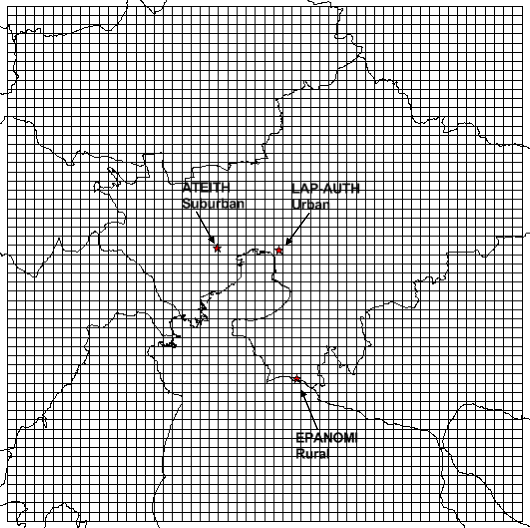 Σχήμα 18: Χάρτης της ευρύτερης περιοχής της Θεσσαλονίκης στην οποία εφαρμόστηκε το περιφερειακό μοντέλο CAMx και το αντίστοιχο πλέγμα των προσομοιώσεων (διαστάσεις κελιών 2 km x 2 km).