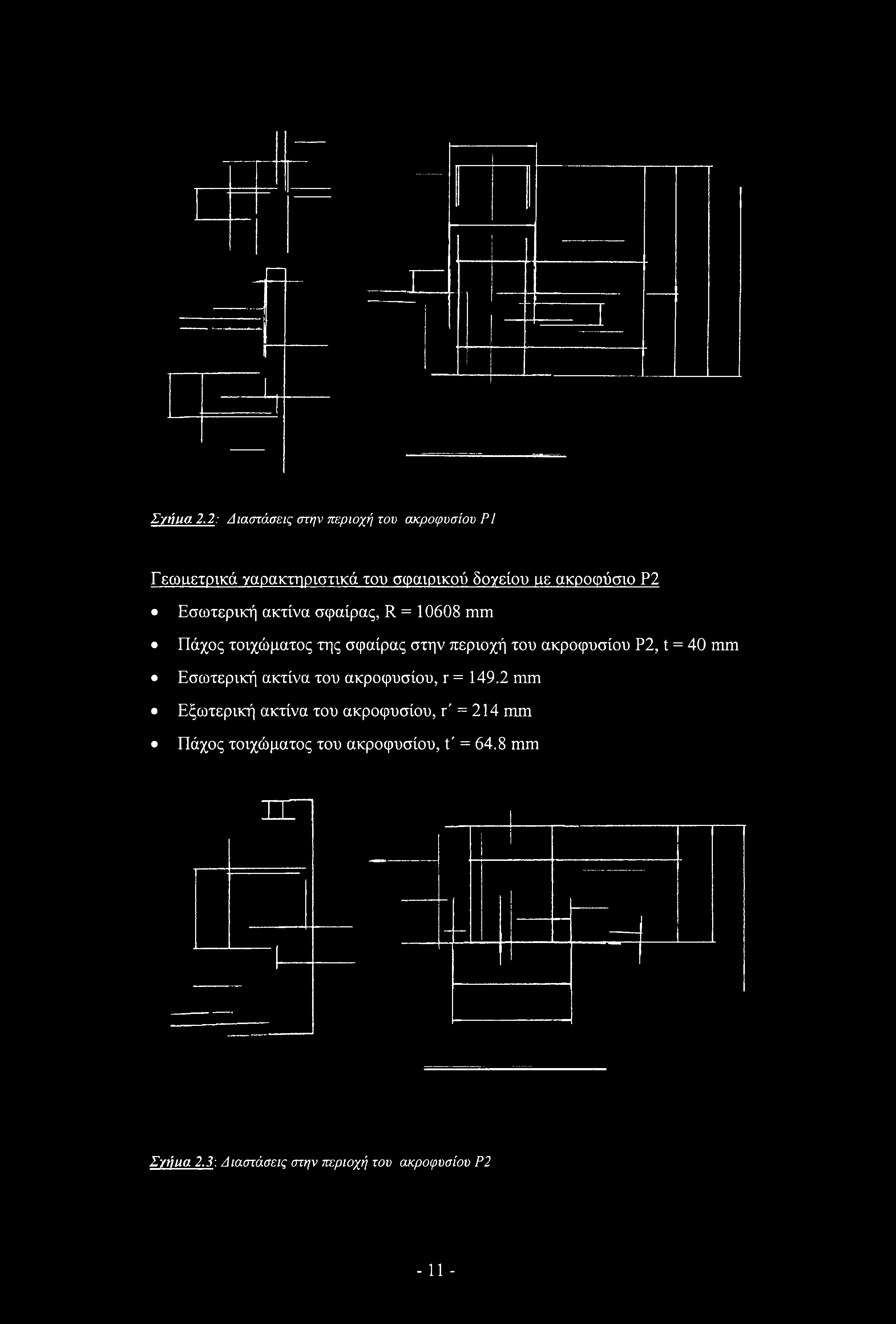 Ρ2 Εσωτερική ακτίνα σφαίρας, R = 10608 mm Πάχος τοιχώματος της σφαίρας στην περιοχή του ακροφυσίου Ρ2, t