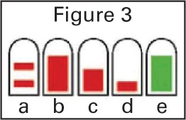 6. Επαναλάβετε το βήμα 5 τρεις φορές. Καθώς επαναλαμβάνετε το βήμα 5, η κόκκινη ράβδος θα γίνει ολοένα και μικρότερη έως ότου δείτε μια πράσινη ράβδο στο παράθυρο μέτρησης (Εικόνα 3b-e).