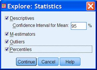 Η διαδικασία Explore 5/7 Αν επιλέξουμε Statistics, ανοίγει το παράθυρο διαλόγου Εικόνα 3.