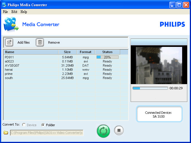 1 Για να εκκινήσετε το Philips Media Converter στον υπολογιστή σας, επιλέξτε Start (Έναρξη) > Programs (Προγράμματα) > Philips Media Converter. 2 Συνδέστε τη συσκευή στον υπολογιστή.