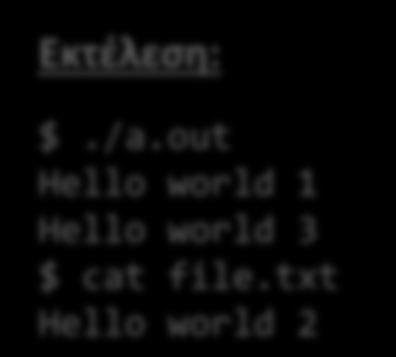 Παράδειγμα dup / dup2 #include <stdio.h> #include <unistd.h> #include <fcntl.h> #include <sys/stat.h> int main() { int out, bak; Εκτέλεση: $./a.out Hello world 1 Hello world 3 $ cat file.