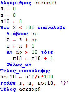 2.2.7.4 Μορφή1 δομής επανάληψης στην ψευδογλώσσα Παραδείγματα με άγνωστο αριθμό επαναλήψεων (είσοδο δεδομένων) Παράδειγμα9: Να γραφεί αλγόριθμος ο οποίος: Δ1.