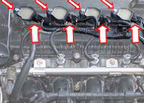 کویل 37 باز کردن و نصب کویل 1- بازکردن مطمئن شوید که سوئیچ جرقه زنی روی موقعیت "صفر" قرار دارد. 1( درپوش تزئینی روی موتور را باز کنید. 2( سوئیچ را ببندید و کابل قطب منفی باتری را باز کنید.