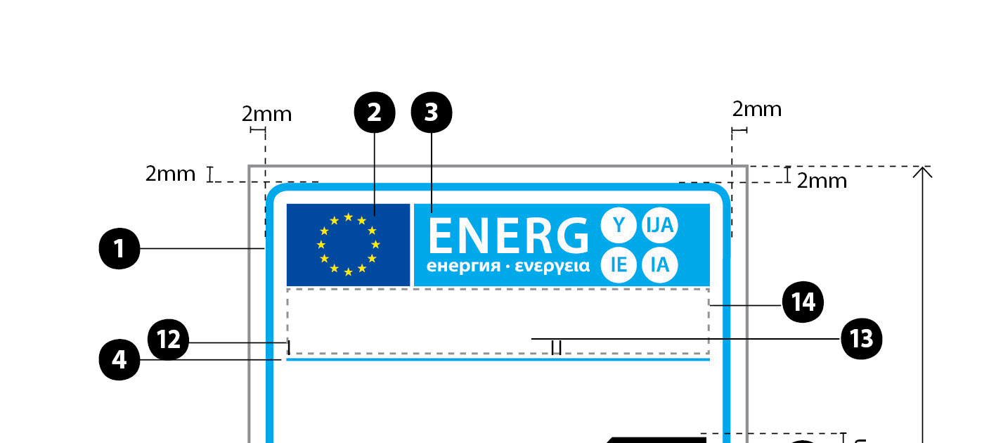 5. Το σχέδιο της ετικέτας είναι το εξής: Όπου ισχύουν τα εξής: α) Η ετικέτα έχει ελάχιστο πλάτος 60 mm και ελάχιστο ύψος 120 mm.