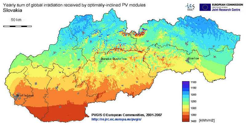 Obrázok 7 Ročný úhrn globálneho slnečného žiarenia na optimálne orientovanú plochu [kwh/m 2 ] Zdroj: PVGIS Európske spoločenstvá 2002-2006 7.1.
