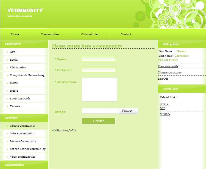 Εθνικό Μετσόβιο Πολυτεχνείο 4.2.6 Create community Παρακάτω φαίνεται σελίδα που εµφανίζεται σε έναν χρήστη όταν θελήσει να δηµιουργήσει µία κοινότητα.
