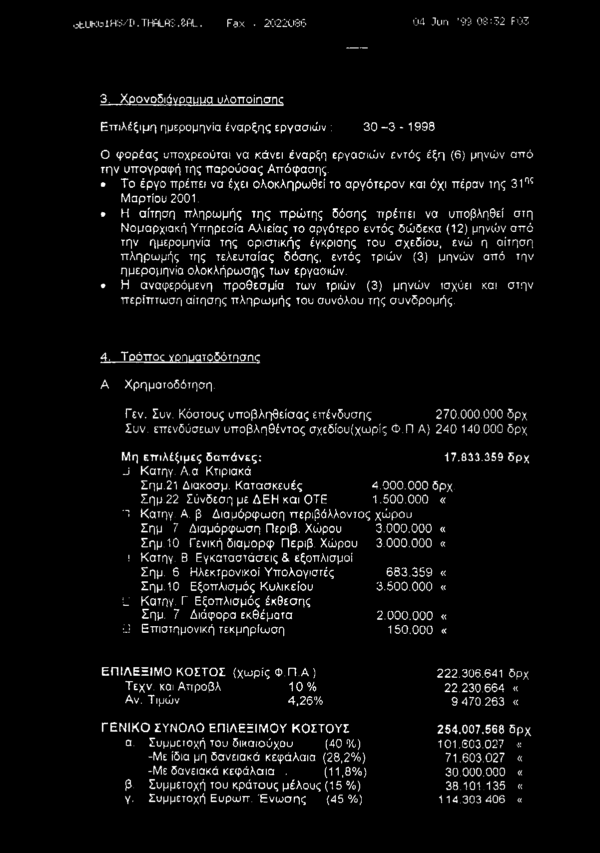 Το έργο πρέπει να έχει ολοκληρωθεί το αρνότερον και όχι πέραν της 31ης Μαρτίου 2001.