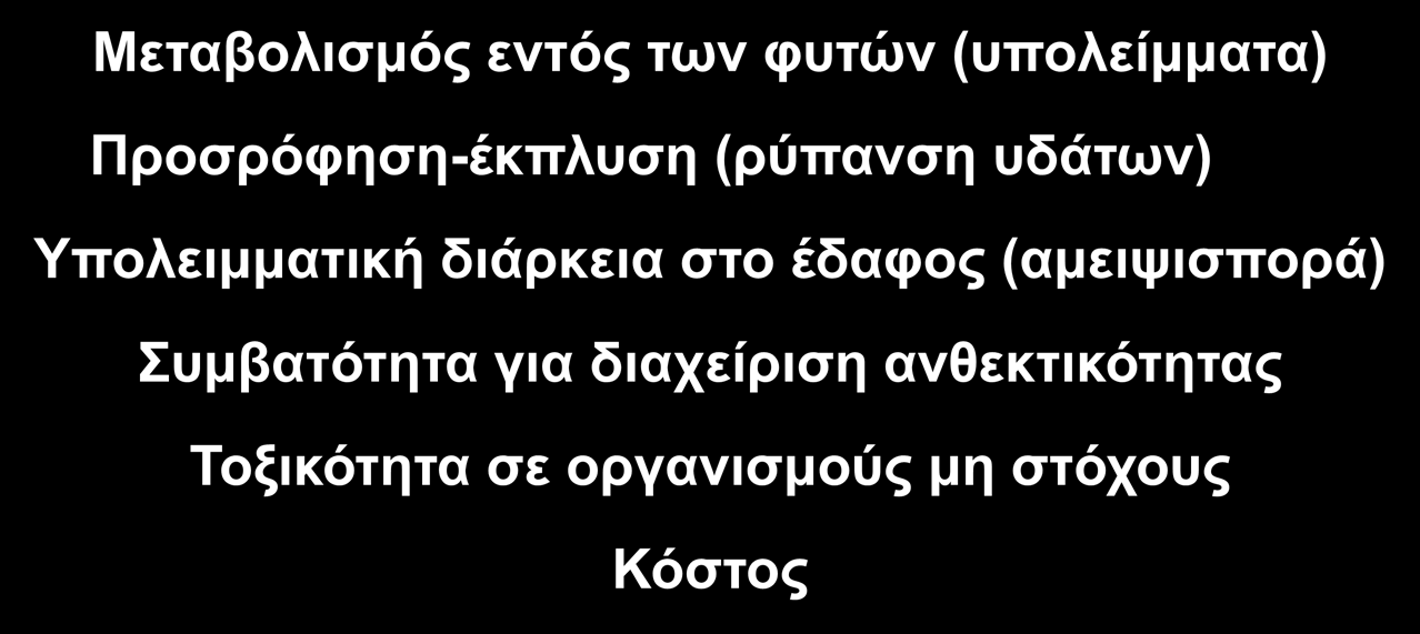 Διαχείριση ζιζανίων Κριτήρια επιλογής ζιζανιοκτόνου Μεταβολισμός εντός των φυτών (υπολείμματα) Προσρόφηση-έκπλυση (ρύπανση υδάτων)