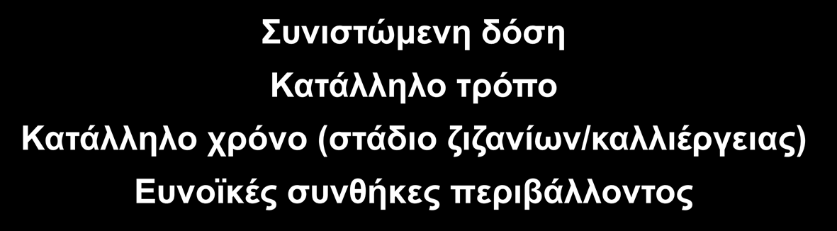 Δράση Ζιζανιοκτόνο Εκλεκτικότητα Όλα τα ζιζανιοκτόνα δεν είναι αποτελεσματικά και εκλεκτικά παντού και πάντοτε Δεν υπάρχει ζιζανιοκτόνο για όλα τα ζιζάνια Κάθε