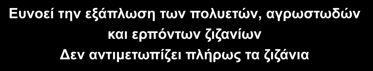 Ευνοεί την εξάπλωση των πολυετών, αγρωστωδών και ερπόντων ζιζανίων Δεν αντιμετωπίζει πλήρως τα ζιζάνια Προβλήματα από χρήση