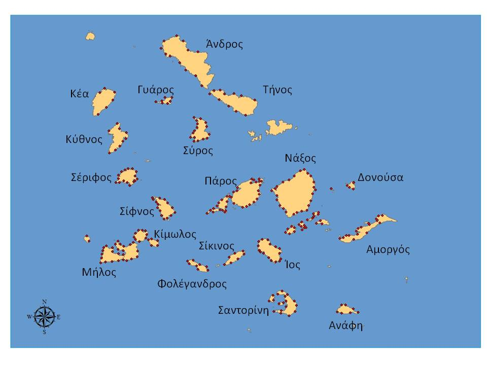 29 Κύθνος KYTH 9 2008 30 Άνδρος AND 12 2008 31 Γυάρος GIA 7 2008 ΣΥΝΟΛΟ 31 295 Εικόνα 2.6 Χάρτης απεικόνισης των σταθμών δειγματοληψίας για κάθε νησί της περιοχής μελέτης.