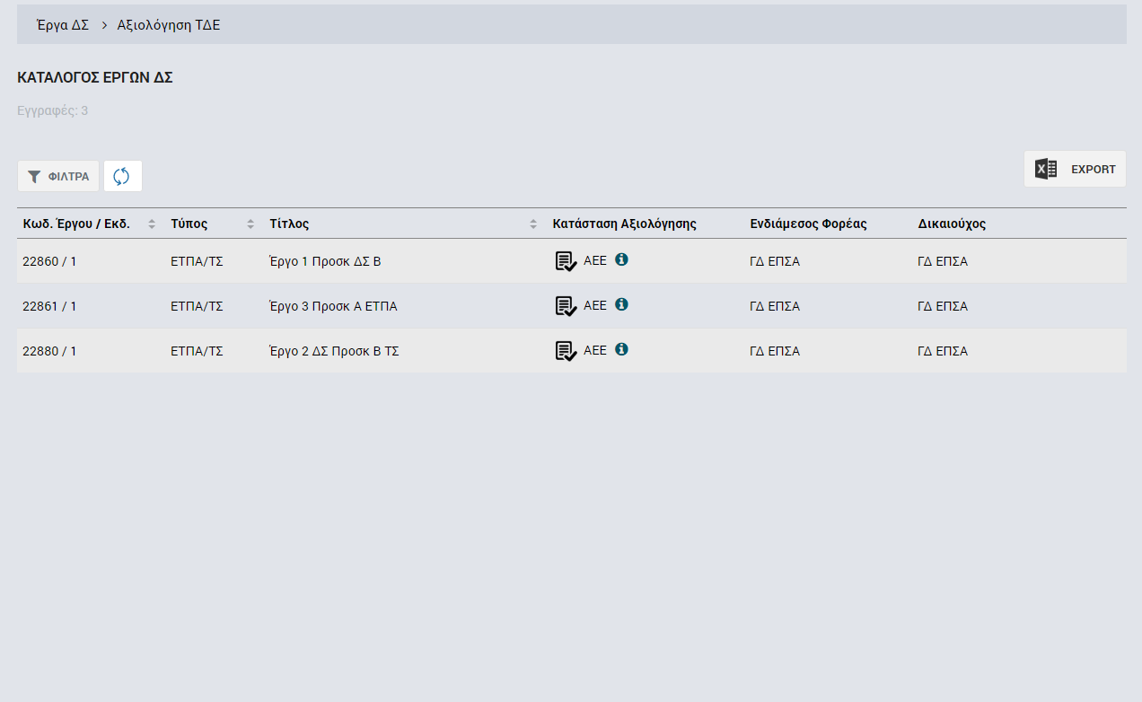 Η λίστα των έργων περιλαμβάνει πληροφορίες όπως κωδικός έργου, τίτλος, κατάσταση στην οποία βρίσκεται η αξιολόγηση του έργου κ.λπ.