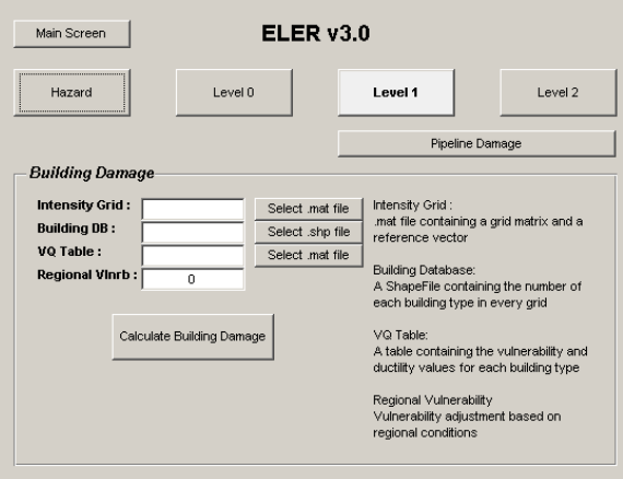 Στην ενότητα LEVEL 1 (Εικόνα 3.9) το λογισμικό ELER έχει την δυνατότητα να υπολογίζει τις απώλειες από ένα σεισμικό γεγονός τόσο σε ανθρώπινες απώλειες όσο και στην κτιριακή υποδομή μιας περιοχής.