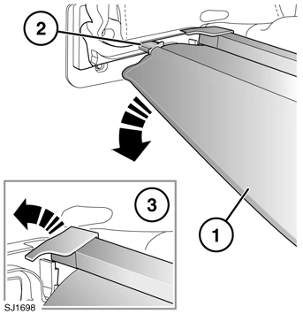 Για αφαίρεση του διαχωριστή αποσκευών: Με το διαχωριστή αποσκευών στη θέση αποθήκευσης: Με τη λαβή, μετακινήστε το διαχωριστή αποσκευών (1) προς το πίσω μέρος του οχήματος.