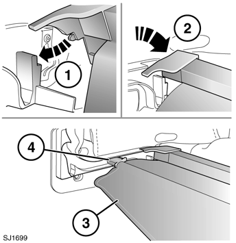 Κρατώντας το κύριο σώμα του διαχωριστή αποσκευών από το κέντρο, περιστρέψτε το προς τα επάνω (3), απασφαλίζοντας το κύριο σώμα του διαχωριστή αποσκευών από τους βραχίονες υποστήριξης.