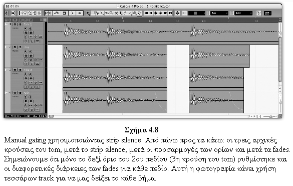 Strip silence Boundary adjustments Faders Το strip silence είναι µια διαδικασία που αφαιρεί τα ήσυχα µέρη από την audio περιοχή.
