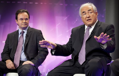 Greece s Finance Minister George Papaconstantinou (L) and International Monetary Fund s Managing Director Dominique Strauss-Kahn (R)participate in the BBC World Debate: Stimulate or Consolidate