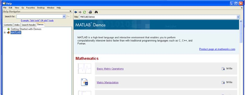 1. Εισαγωγή Ιδιαίτερα χρήσιμα είναι τα Demos της MATLAB. Με τις επιλογές Help Demos MATLAB παίρνουμε το παράθυρο που φαίνεται στο Σχ. 1.5 με όλα τα διαθέσιμα Demos.