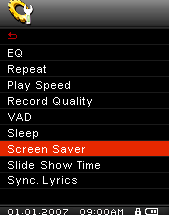 Προφύλαξη οθόνης (Screen Saver) Εδώ μπορείτε να θέσετε χρονικό διάστημα μετά από το οποίο η οθόνη (1) η οθόνη θ' απεικονίζει τον τίτλο του τραγουδιού, (2) το ρολόι (Clock), (3) θα σβήσει, (4) θ