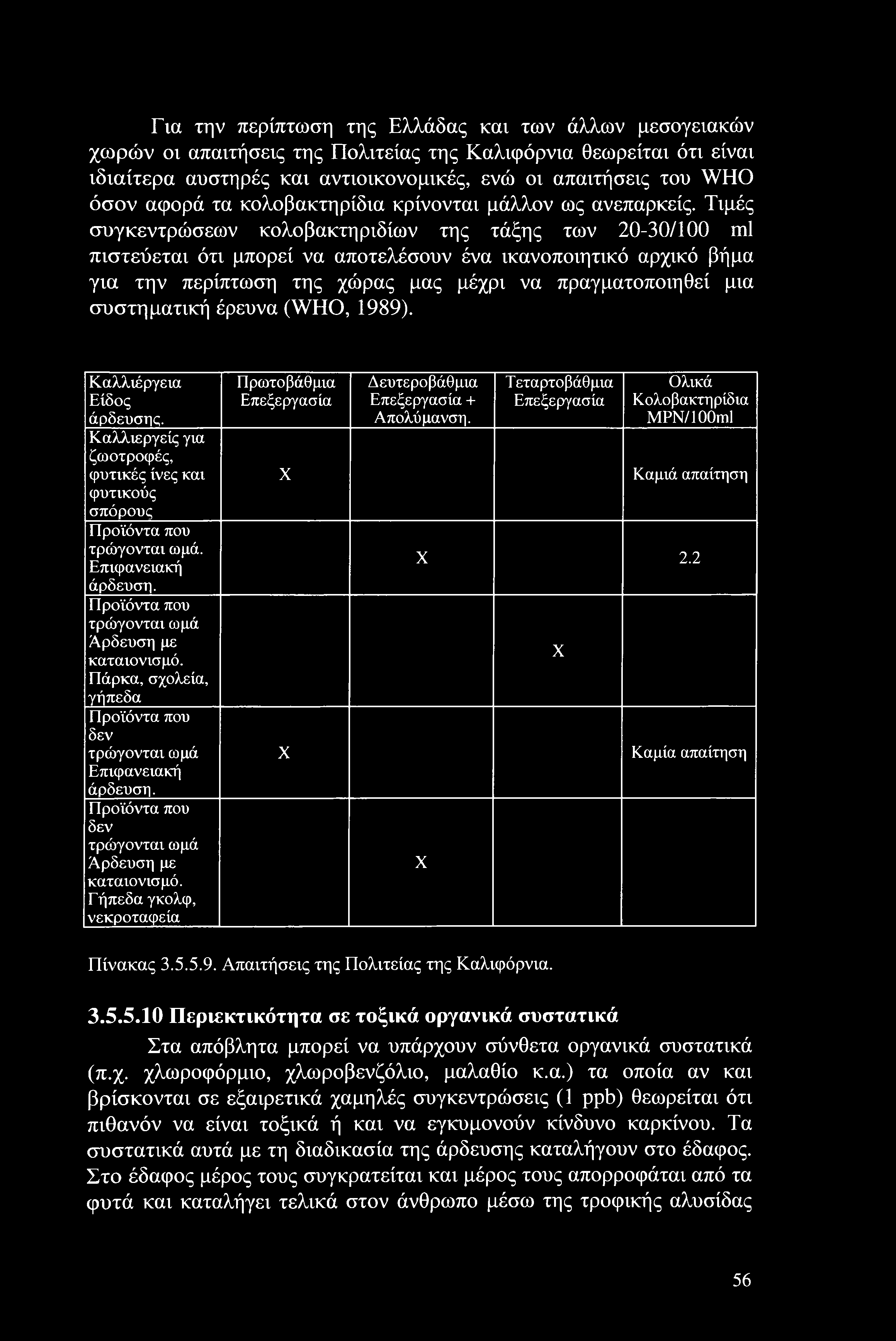 Τιμές συγκεντρώσεων κολοβακτηριδίων της τάξης των 20-30/1 ml πιστεύεται ότι μπορεί να αποτελόσουν ένα ικανοποιητικό αρχικό βήμα για την περίπτωση της χώρας μας μέχρι να πραγματοποιηθεί μια